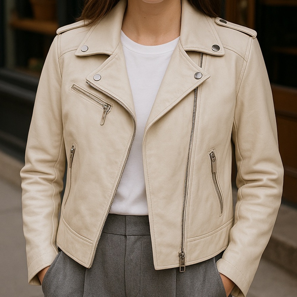 Bod & Christensen Beige Cream Soft Leather Biker Moto Bomber Jacket Sz XL Grunge - Picture 1 of 14